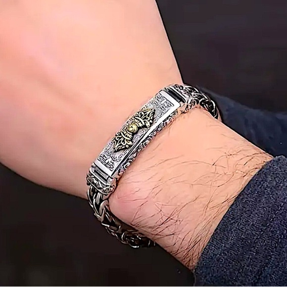 Stainless Steel Chain Link Bracelet, Mantra, Curb Hand Woven Engraved - Picture 4 of 6